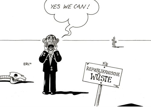 Cartoon: 1 Jahr Obama (medium) by Erl tagged barack obama,usa,präsident,amerika,jahr,einjähriges,einsam,republikaner,wüste,barack,obama