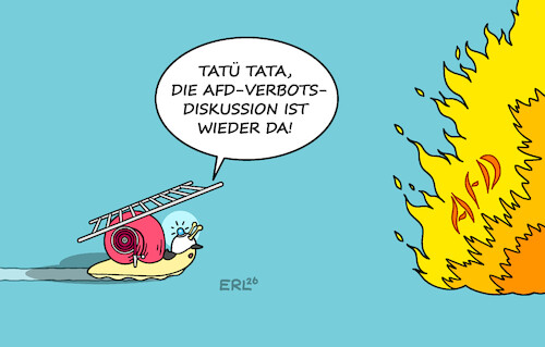 Cartoon: AfD-Verbot (medium) by Erl tagged politik,landtagswahl,sachsen,anhalt,wahlsieger,afd,aufflammen,diskussion,verbot,verbotsverfahren,feuerwehr,schnecke,feuer,brand,karikatur,erl,politik,landtagswahl,sachsen,anhalt,wahlsieger,afd,aufflammen,diskussion,verbot,verbotsverfahren,feuerwehr,schnecke,feuer,brand,karikatur,erl