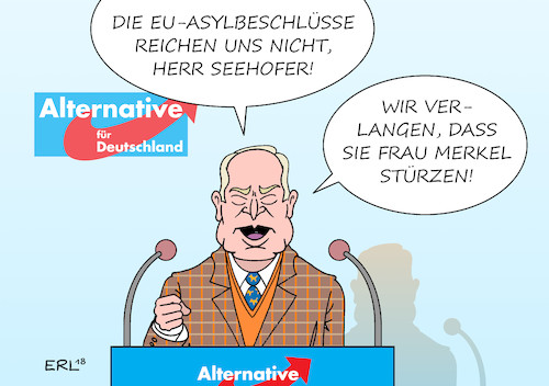 Cartoon: AfD Parteitag (medium) by Erl tagged politik,deutschland,streit,flüchtlingspolitik,asylmasterplan,flüchtlinge,grenze,innenminister,horst,seehofer,csu,national,alleingang,bundeskanzlerin,merkel,cdu,eu,recht,europa,gemeinsam,treffen,gipfel,beschlüsse,abschottung,abschreckung,fortschritte,lager,afd,parteitag,gauland,forderung,sturz,kanzlerin,rechtspopulismus,karikatur,erl,politik,deutschland,streit,flüchtlingspolitik,asylmasterplan,flüchtlinge,grenze,innenminister,horst,seehofer,csu,national,alleingang,bundeskanzlerin,merkel,cdu,eu,recht,europa,gemeinsam,treffen,gipfel,beschlüsse,abschottung,abschreckung,fortschritte,lager,afd,parteitag,gauland,forderung,sturz,kanzlerin,rechtspopulismus,karikatur,erl