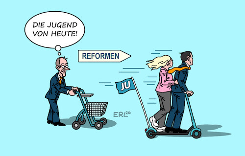 Cartoon: Alte und Junge Union (medium) by Erl tagged politik,cdu,csu,deutschlandtag,junge,union,kritik,kanzler,merz,tempo,reformen,rollator,scooter,jugend,karikatur,erl,politik,cdu,csu,deutschlandtag,junge,union,kritik,kanzler,merz,tempo,reformen,rollator,scooter,jugend,karikatur,erl