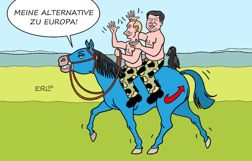 Cartoon: Alternative I (medium) by Erl tagged politik,eu,europawahl,gefahr,rechtsruck,rechtspopulismus,verschiebung,kräfte,machtverhältnisse,richtung,russland,wladimir,putin,china,xi,jinping,autokratie,diktatur,europa,pferd,afd,krähe,maximilian,krah,karikatur,erl,politik,eu,europawahl,gefahr,rechtsruck,rechtspopulismus,verschiebung,kräfte,machtverhältnisse,richtung,russland,wladimir,putin,china,xi,jinping,autokratie,diktatur,europa,pferd,afd,krähe,maximilian,krah,karikatur,erl