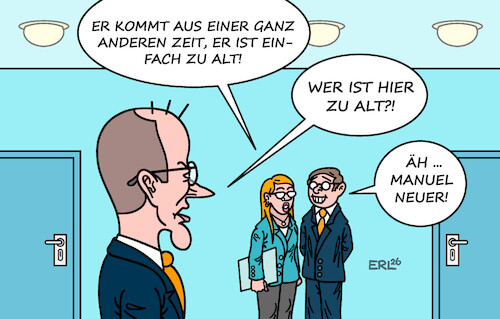 Cartoon: Altersdiskussion (medium) by Erl tagged politik,sport,fußball,wm,niederlage,deutschland,diskussion,manuel,neuer,alter,kanzler,merz,karikatur,erl,politik,sport,fußball,wm,niederlage,deutschland,diskussion,manuel,neuer,alter,kanzler,merz,karikatur,erl
