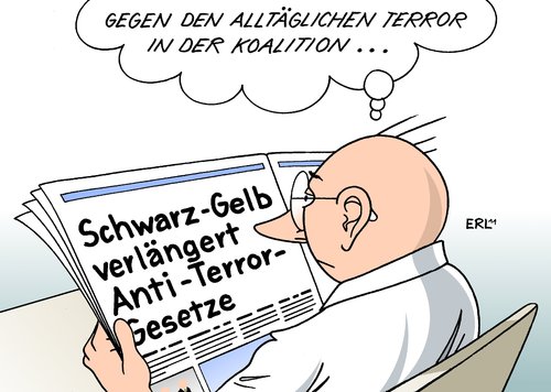 Cartoon: Anti-Terror-Gesetze (medium) by Erl tagged anti,terror,gesetz,gesetze,anschlag,anschläge,world,trade,center,2001,11,september,terrorismus,al,kaida,deutschland,regierung,koalition,schwarz,gelb,streit,verlängerung,anti,terror,gesetz,gesetze,anschlag,anschläge,world,trade,2001,11 september,terrorismus,usaregierung,11,september