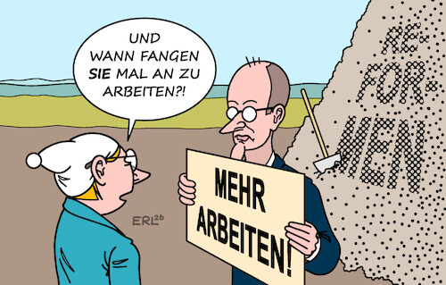 Cartoon: Arbeit (medium) by Erl tagged politik,bundeskanzler,merz,cdu,forderung,mehr,arbeit,fleiß,reformen,faulheit,langsamkeit,michel,karikatur,erl,politik,bundeskanzler,merz,cdu,forderung,mehr,arbeit,fleiß,reformen,faulheit,langsamkeit,michel,karikatur,erl