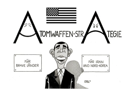 Cartoon: Atomwaffen-Strategie (medium) by Erl tagged usa,barack obama,atomwaffen,strategie,unterschied,iran,nordkorea,waffen,militär,korea,krieg,verteidigung,barack,obama