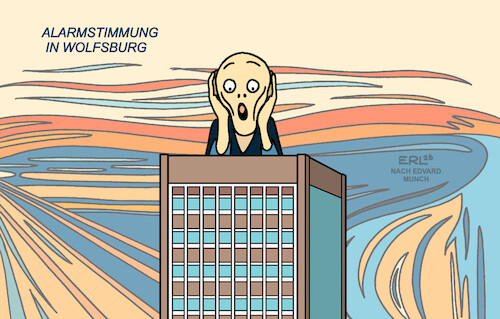 Cartoon: Au weh! (medium) by Erl tagged politik,auto,automobilbau,volkswagen,vw,stellenabbau,werksschließungen,alarmstimmung,untergangsstimmung,wolfsburg,munch,der,schrei,gemälde,karikatur,erl,politik,auto,automobilbau,volkswagen,vw,stellenabbau,werksschließungen,alarmstimmung,untergangsstimmung,wolfsburg,munch,der,schrei,gemälde,karikatur,erl
