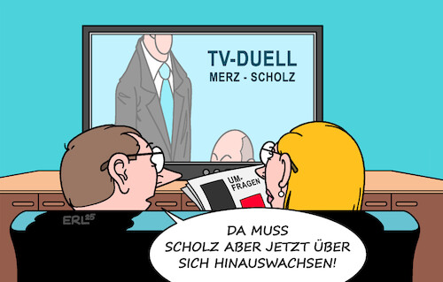 Cartoon: Auf Augenhöhe (medium) by Erl tagged politik,wahl,wahlkampf,tv,duell,merz,scholz,hoffnung,wachstum,schub,umfragen,augenhöhe,karikatur,erl,politik,wahl,wahlkampf,tv,duell,merz,scholz,hoffnung,wachstum,schub,umfragen,augenhöhe,karikatur,erl