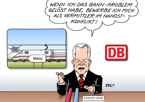 Cartoon: Bahn Nahostkonflikt (medium) by Erl tagged eisenbahn,db,bahn,sparkurs,personal,personalabbau,engpass,stellwerk,mainz,fahrdienstleiter,urlaub,krank,bahnchef,grube,lösung,schwierig,nahostkonflikt,nahost,gespräche,friedensgespräche,israelis,palästinenser,vermittler,bahn,db,nahostkonflikt