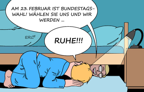 Cartoon: Bald ist Wahl II (medium) by Erl tagged politik,bundestagswahl,2025,wahlwerbung,wählerin,wähler,ruhe,bett,karikatur,erl,politik,bundestagswahl,2025,wahlwerbung,wählerin,wähler,ruhe,bett,karikatur,erl