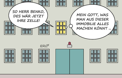 Cartoon: Benko (medium) by Erl tagged politik,justiz,rene,benko,signa,immobilien,insolvenz,schädigung,gläubiger,haft,gefängnis,karikatur,erl,politik,justiz,rene,benko,signa,immobilien,insolvenz,schädigung,gläubiger,haft,gefängnis,karikatur,erl