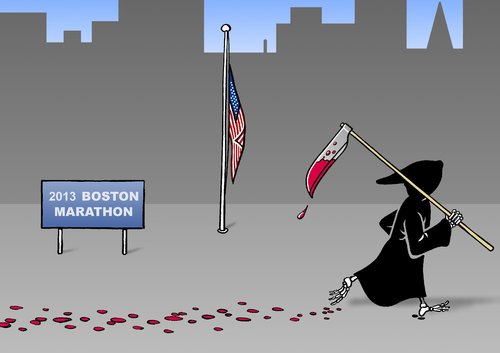 Cartoon: Boston Marathon (medium) by Erl tagged boston,marathon,2013,anschlag,bombenanschlag,sprengsatz,tod,verletzung,angst,terror,boston,marathon,2013,anschlag,bombenanschlag,sprengsatz,tod,verletzung,angst,terror