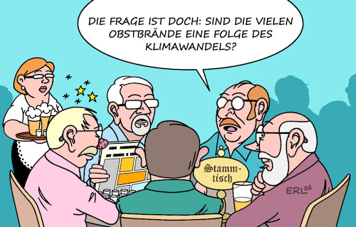 Cartoon: Brände (medium) by Erl tagged politik,wetter,hitze,klima,klimawandel,waldbrände,obstbrände,stammtisch,karikatur,erl,politik,wetter,hitze,klima,klimawandel,waldbrände,obstbrände,stammtisch,karikatur,erl