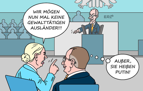 Cartoon: Bundestagsdebatte (medium) by Erl tagged politik,bundestag,debatte,kanzler,merz,vorwurf,afd,fremdenfeindlich,weidel,chrupalla,ausländer,gewalttätig,putin,karikatur,erl,politik,bundestag,debatte,kanzler,merz,vorwurf,afd,fremdenfeindlich,weidel,chrupalla,ausländer,gewalttätig,putin,karikatur,erl