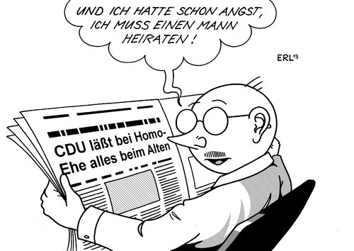 Cartoon: CDU Homo-Ehe (medium) by Erl tagged ehe,homoehe,gleichgeschlechtlich,lebenspartnerschaft,rechte,bundesverfassungsgericht,cdu,abwarten,homosexuell,homosexualität,homophobie