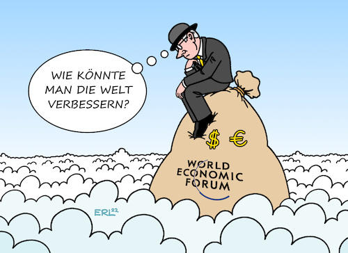 Cartoon: Davos II (medium) by Erl tagged politik,wirtschaft,finanzen,weltwirtschaftsforum,davos,gedankenaustausch,nachdenken,welt,verbessern,reichtum,armut,geld,verteilung,erde,wolken,der,denker,rodin,geldsack,karikatur,erl,politik,wirtschaft,finanzen,weltwirtschaftsforum,davos,gedankenaustausch,nachdenken,welt,verbessern,reichtum,armut,geld,verteilung,erde,wolken,der,denker,rodin,geldsack,karikatur,erl