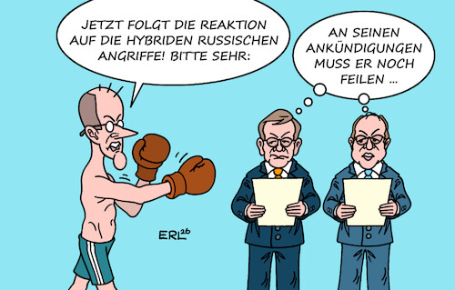 Cartoon: Der markige Merz (medium) by Erl tagged politik,bundesregierung,reaktion,hybride,angriffe,drohnen,russland,kanzler,merz,markig,ankündigung,minister,wadephul,dobrindt,karikatur,erl,politik,bundesregierung,reaktion,hybride,angriffe,drohnen,russland,kanzler,merz,markig,ankündigung,minister,wadephul,dobrindt,karikatur,erl