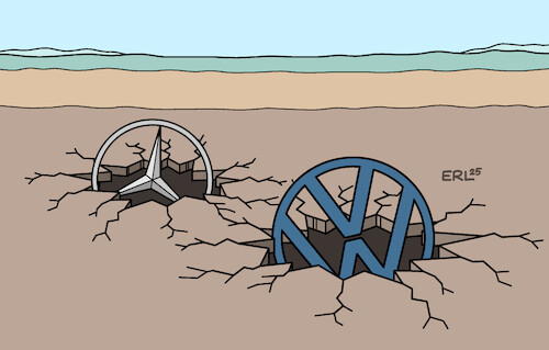 Cartoon: Deutsche Industrielandschaft (medium) by Erl tagged politik,industrie,deutschland,auto,gewinneinbruch,daimler,volkswagen,vw,karikatur,erl,politik,industrie,deutschland,auto,gewinneinbruch,daimler,volkswagen,vw,karikatur,erl