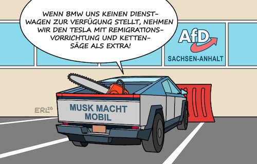 Cartoon: Dienstwagen (medium) by Erl tagged politik,wahl,sachsen,anhalt,landtagspräsident,rechtsextremismus,bmw,kündigung,leasingvertrag,dienstwagen,ersatz,tesla,musk,kettensäge,remigration,karikatur,erl,politik,wahl,sachsen,anhalt,landtagspräsident,rechtsextremismus,bmw,kündigung,leasingvertrag,dienstwagen,ersatz,tesla,musk,kettensäge,remigration,karikatur,erl