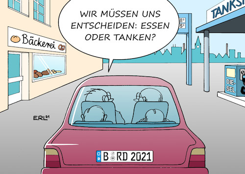 Cartoon: Dieselpreis (medium) by Erl tagged politik,verkehr,energie,preise,verteuerung,erdöl,heizöl,treibstoff,benzin,diesel,lebensmittel,essen,bäckerei,tankstelle,auto,karikatur,erl,politik,verkehr,energie,preise,verteuerung,erdöl,heizöl,treibstoff,benzin,diesel,lebensmittel,essen,bäckerei,tankstelle,auto,karikatur,erl