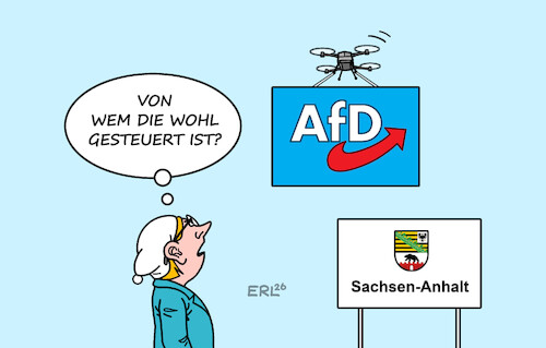 Cartoon: Drohne (medium) by Erl tagged politik,landtagswahl,sachsen,anhalt,umfrage,führung,afd,rechtsextrem,drohne,verdacht,russland,karikatur,erl,politik,landtagswahl,sachsen,anhalt,umfrage,führung,afd,rechtsextrem,drohne,verdacht,russland,karikatur,erl