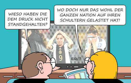 Cartoon: Druck (medium) by Erl tagged politik,sport,fußball,frauen,frauenfußball,weltmeisterschaft,wm,2023,australien,neuseeland,aus,deutschland,vorrunde,südkorea,psychologie,druck,erwartungen,riesig,wohl,nation,psyche,nachwuchs,krise,karikatur,erl,politik,sport,fußball,frauen,frauenfußball,weltmeisterschaft,wm,2023,australien,neuseeland,aus,deutschland,vorrunde,südkorea,psychologie,druck,erwartungen,riesig,wohl,nation,psyche,nachwuchs,krise,karikatur,erl