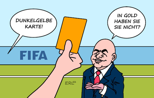 Cartoon: Dungelgelb (medium) by Erl tagged politik,sport,fußball,fifa,gianni,infantino,verkauf,wm,rechte,investoren,protest,rückzieher,kritik,gelbe,rote,karte,goldcard,gold,geld,gier,karikatur,erl,politik,sport,fußball,fifa,gianni,infantino,verkauf,wm,rechte,investoren,protest,rückzieher,kritik,gelbe,rote,karte,goldcard,gold,geld,gier,karikatur,erl
