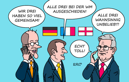 Cartoon: Ehrliche Analyse (medium) by Erl tagged politik,sport,deutschland,frankreich,england,ausscheiden,fußball,wm,2026,merz,macron,starmer,umfragetief,karikatur,erl,politik,sport,deutschland,frankreich,england,ausscheiden,fußball,wm,2026,merz,macron,starmer,umfragetief,karikatur,erl