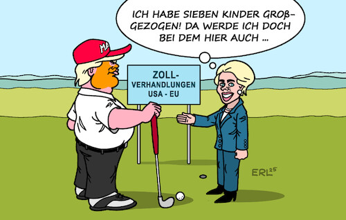 Cartoon: Erfahrene Erzieherin (medium) by Erl tagged politik,usa,trump,zölle,strafzölle,verhandlungen,eu,von,der,leyen,kind,kinder,erzieherin,golf,golfplatz,karikatur,erl,politik,usa,trump,zölle,strafzölle,verhandlungen,eu,von,der,leyen,kind,kinder,erzieherin,golf,golfplatz,karikatur,erl