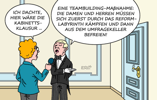 Cartoon: Escape Room (medium) by Erl tagged politik,regierung,kabinett,klausur,schloss,neuhardenberg,escape,room,reformen,labyrinth,umfragekeller,karikatur,erl,politik,regierung,kabinett,klausur,schloss,neuhardenberg,escape,room,reformen,labyrinth,umfragekeller,karikatur,erl