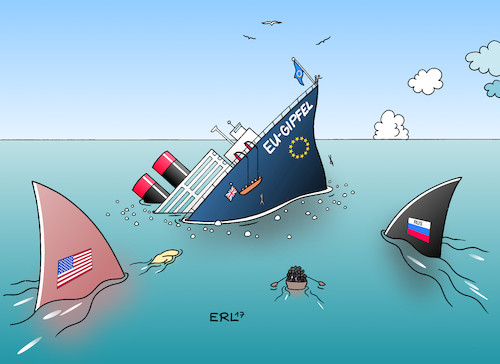 Cartoon: EU-Gipfel (medium) by Erl tagged eu,gipfel,untergang,rettung,egoismus,nationalismus,solidarität,flüchtlinge,flüchtlingsfrage,brexit,trump,putin,usa,russland,großbritannien,rechtspopulismus,schiff,meer,see,haie,boot,flüchtlingsboot,rettungsboot,karikatur,erl,eu,gipfel,untergang,rettung,egoismus,nationalismus,solidarität,flüchtlinge,flüchtlingsfrage,brexit,trump,putin,usa,russland,großbritannien,rechtspopulismus,schiff,meer,see,haie,boot,flüchtlingsboot,rettungsboot,karikatur,erl