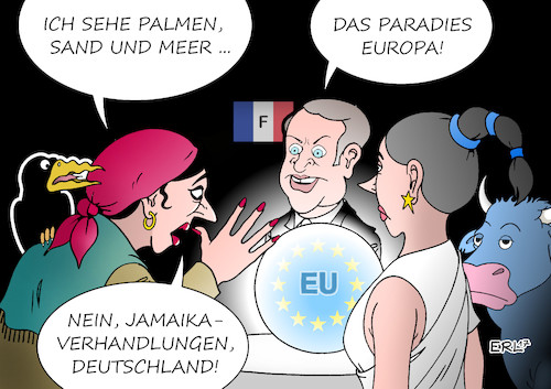 Cartoon: EU (medium) by Erl tagged eu,europäische,union,zukunft,reformen,rechtspopulismus,finanzen,verteidigung,vorschläge,ideen,emmanuel,macron,frankreich,europa,stier,wahrsagerin,bundeskanzlerin,angela,merkel,bundestagswahl,rgierung,koalition,verhandlungen,jamaika,schwarz,gelb,grün,cdu,csu,fdp,bündnis,90,die,grünen,karikatur,erl,eu,europäische,union,zukunft,reformen,rechtspopulismus,finanzen,verteidigung,vorschläge,ideen,emmanuel,macron,frankreich,europa,stier,wahrsagerin,bundeskanzlerin,angela,merkel,bundestagswahl,rgierung,koalition,verhandlungen,jamaika,schwarz,gelb,grün,cdu,csu,fdp,bündnis,90,die,grünen,karikatur,erl