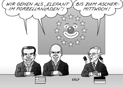 Cartoon: EU Karneval (medium) by Erl tagged eu,eurogruppe,finanzminister,beratung,griechenland,tsipras,varoufakis,schäuble,karneval,kostüm,elefant,im,porzellanladen,aschermittwoch,schulden,sparkurs,kredit,hilfe,troika,geld,finanzen,wirtschaft