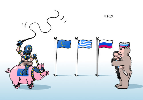 Cartoon: EU Tsipras Russland (medium) by Erl tagged griechenland,krise,schulden,euro,pleite,staatspleite,eu,ezb,iwf,hilfe,bedingung,sparkurs,reformen,grexit,eurozone,russland,bär,kuscheln,domina,peitsche,karikatur,erl,griechenland,krise,schulden,euro,pleite,staatspleite,eu,ezb,iwf,hilfe,bedingung,sparkurs,reformen,grexit,eurozone,russland,bär,kuscheln,domina,peitsche