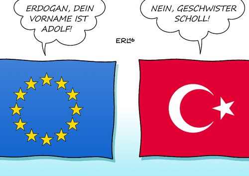 Cartoon: EU Türkei Nazivergleich (medium) by Erl tagged türkei,putsch,militär,präsident,erdogan,säuberung,verhaftungen,einschränkung,pressfreiheit,kritik,eu,vergleich,nazivergleich,adolf,hitler,widerstand,geschwister,scholl,karikatur,erl,türkei,putsch,militär,präsident,erdogan,säuberung,verhaftungen,einschränkung,pressfreiheit,kritik,eu,vergleich,nazivergleich,adolf,hitler,widerstand,geschwister,scholl,karikatur,erl
