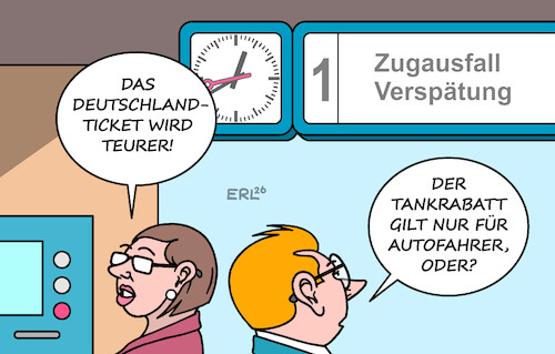 Cartoon: Fahrpreise (medium) by Erl tagged politik,mobilität,verkehr,bahn,deutschlandticket,teurer,auto,tankrabatt,tanken,billiger,spritpreis,benzinpreis,karikatur,erl,politik,mobilität,verkehr,bahn,deutschlandticket,teurer,auto,tankrabatt,tanken,billiger,spritpreis,benzinpreis,karikatur,erl