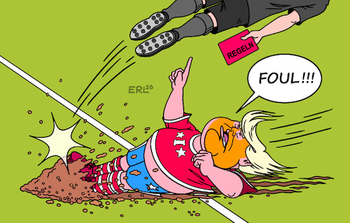 Cartoon: Foul (medium) by Erl tagged politik,sport,fußball,wm,2026,kanada,mexiko,usa,präsident,donald,trump,eingriff,regeln,anruf,fifa,infantino,aussetzung,rote,karte,foul,karikatur,erl,politik,sport,fußball,wm,2026,kanada,mexiko,usa,präsident,donald,trump,eingriff,regeln,anruf,fifa,infantino,aussetzung,rote,karte,foul,karikatur,erl