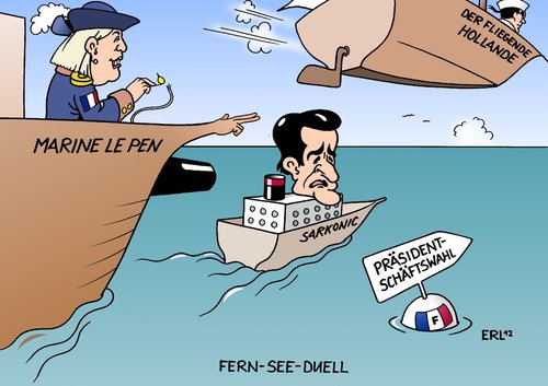 Cartoon: Frankreich (medium) by Erl tagged frankreich,präsident,wahl,stichwahl,präsidentschaftswahl,nicolas,sarkozy,konservativ,francois,hollande,links,sozialist,marine,le,pen,rechtsextrem,tv,duell,fernsehduell,schiff,see,meer,frankreich,präsident,stichwahl,präsidentschaftswahl,sarkozy,hollande