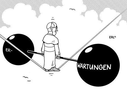 Cartoon: Franziskus I (medium) by Erl tagged papst,franziskus,kardinal,jorge,mario,bergoglio,argentienien,kirche,katholisch,führung,glaube,gläubige,erwartungen,amt,last,bürde,drahtseilakt,balance