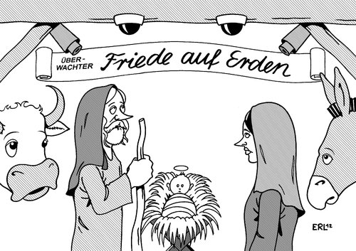 Cartoon: Friede auf Erden (medium) by Erl tagged weihnachten,friede,frieden,erde,krieg,terror,videoüberwachung,stall,krippe,jesus,maria,josef,ochs,esel,kamera,videokamera