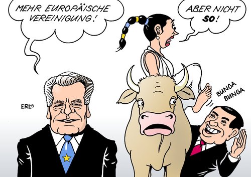 Cartoon: Gauck Rede (medium) by Erl tagged europa,rede,bundespräsident,vereinigung,eu,gauck,ablehnung,berlusconi,italien,wahl,angst,stier,gauck,bundespräsident,rede,europa,eu,vereinigung,wahl,italien,berlusconi,ablehnung,angst,stier