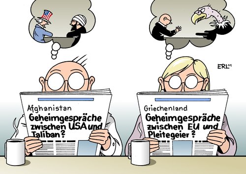 Cartoon: Geheimgespräche (medium) by Erl tagged gespräch,verhandlung,geheim,afghanistan,usa,taliban,krieg,terror,griechenland,eu,pleitegeier,schuldenkrise,finanzkrise,krise,schulden,pleite,bankrott,staatsbankrott,gespräch,verhandlung,afghanistan,geheim,usa,taliban,terror,krieg,griechenland,pleitegeier,schuldenkrise,eu