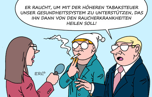 Cartoon: Genial! (medium) by Erl tagged politik,finanzen,steuern,erhöhung,tabaksteuer,unterstützung,gesundheitssystem,heilung,krankheiten,rauchen,karikatur,erl,politik,finanzen,steuern,erhöhung,tabaksteuer,unterstützung,gesundheitssystem,heilung,krankheiten,rauchen,karikatur,erl