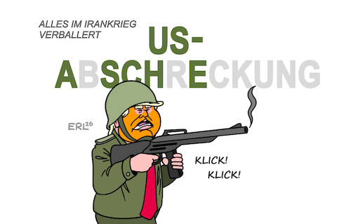 Cartoon: Genialer Stratege (medium) by Erl tagged politik,usa,trump,iran,irankrieg,munition,verballert,problem,abschreckung,karikatur,erl,politik,usa,trump,iran,irankrieg,munition,verballert,problem,abschreckung,karikatur,erl