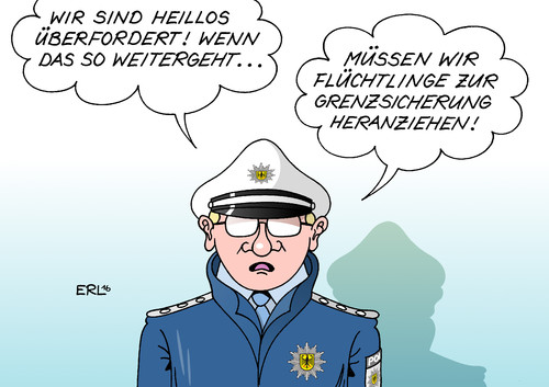 Cartoon: Grenzschutz (medium) by Erl tagged flüchtlinge,eu,deutschland,grenze,sicherung,schutz,bundespolizei,überlastung,überforderung,alarm,karikatur,erl,flüchtlinge,eu,deutschland,grenze,sicherung,schutz,bundespolizei,überlastung,überforderung,alarm,karikatur,erl