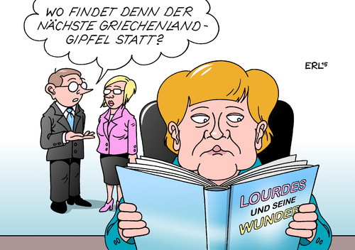 Cartoon: Griechenland-Gipfel (medium) by Erl tagged griechenland,krise,wirtschaft,schulden,euro,gipfel,hilfe,hilfspaket,esm,eu,ezb,iwf,sparkurs,referendum,ablehnung,vertrauen,skepsis,wunder,lourdes,karikatur,erl,griechenland,krise,wirtschaft,schulden,euro,gipfel,hilfe,hilfspaket,esm,eu,ezb,iwf,sparkurs,referendum,ablehnung,vertrauen,skepsis,wunder,lourdes