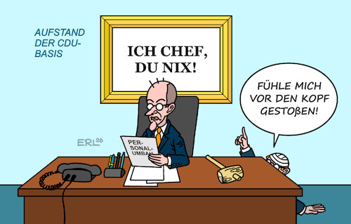 Cartoon: Holzhammermethode (medium) by Erl tagged politik,kanzler,merz,regierung,kabinett,personal,umbau,holzhammermethode,chef,unmut,aufstand,cdu,basis,karikatur,erl,politik,kanzler,merz,regierung,kabinett,personal,umbau,holzhammermethode,chef,unmut,aufstand,cdu,basis,karikatur,erl