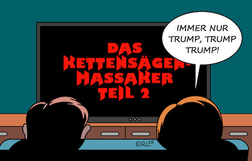 Cartoon: Horrorfilm (medium) by Erl tagged politik,usa,präsident,donald,trump,elon,musk,zerschlagung,kürzung,entlassung,kettensägenmassaker,horrorfilm,karikatur,erl,politik,usa,präsident,donald,trump,elon,musk,zerschlagung,kürzung,entlassung,kettensägenmassaker,horrorfilm,karikatur,erl