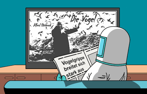 Cartoon: Horrorfilm (medium) by Erl tagged politik,medizin,seuche,tier,vogelgrippe,vogel,film,horrorfilm,alfred,hitchcock,die,vögel,schutzanzug,karikatur,erl,politik,medizin,seuche,tier,vogelgrippe,vogel,film,horrorfilm,alfred,hitchcock,die,vögel,schutzanzug,karikatur,erl