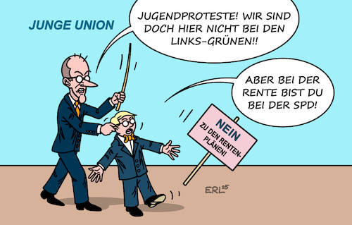 Cartoon: In der falschen Partei (medium) by Erl tagged politik,regierung,cdu,csu,spd,rente,rentenpaket,widerstand,junge,union,schulden,rede,kanzler,merz,abfuhr,karikatur,erl,politik,regierung,cdu,csu,spd,rente,rentenpaket,widerstand,junge,union,schulden,rede,kanzler,merz,abfuhr,karikatur,erl