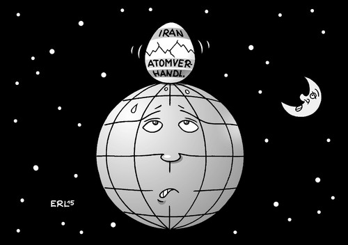Cartoon: Iran (medium) by Erl tagged iran,atomprogramm,atomkraft,atombombe,verhandlungen,lausanne,usa,westen,deutschland,ergebnis,ei,osterei,überraschungsei,spannung,angst,welt,erde,mond,sterne,weltall